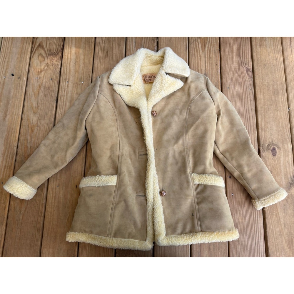 Vtg 70's Town N Ranch Beige SHERPA Lined Faux SUEDE Western Jacket Winter Coat M